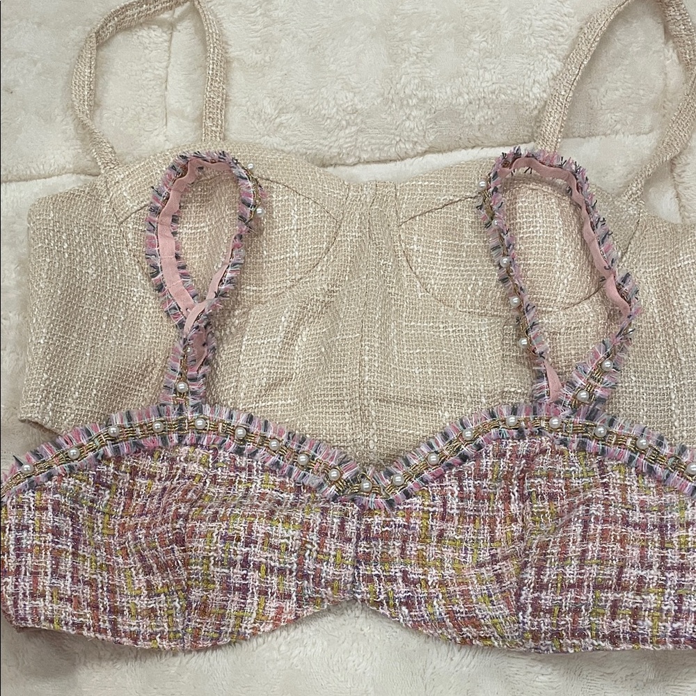SHEIN Oh Polly Pink and Cream Tweed Crop Top bralette sz S 4 36